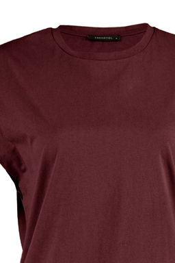 Bordo %100 Pamuk Vatka Gorunumlu Basic Bisiklet Yaka Orme T-Shirt TWOSS20TS0021