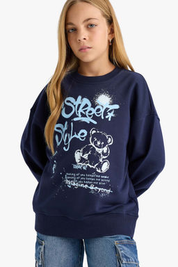 Oversize Geni_ Kal_p Bisiklet Yaka Bask_l_ Sweatshirt K_z _ocuk