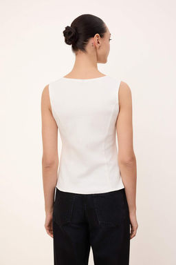 Wardrobe Essentials-Ekru Fitted/Vucuda Oturan Fermuarl? Kolsuz Interlok Orme Bluz TWOSS26BZ00012