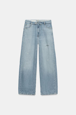 JEANS CINTURA DOBLADA TRF TIRO MEDIO ROTOS / Azul claro