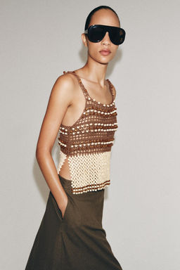 TOP PUNTO CROCHET ABALORIOS / Beige