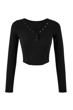 Siyah Fitted/Vucuda Oturan V Yaka C?tc?tl? Crop Premium Yumusak Orme Bluz TWOSS26BZ00056