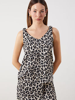 V Yaka Leopar Desenli Kad?n Bluz