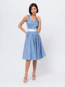 Платье голубого цвета длины миди с ажурным вырезом и поясом - 1001dress фото 3