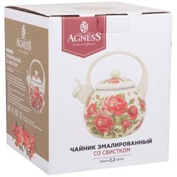 ЧАЙНИК AGNESS ЭМАЛИРОВАННЫЙ СО СВИСТКОМ, СЕРИЯ КОРЕЙСКАЯ РОЗА 2,2Л, ИНДУКЦИОННОЕ ДНО  фото 2
