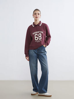 Polo Yaka Manhattan Bask?l? Kad?n Kal?n Sweatshirt