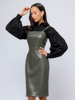 Сарафан зеленый без рукавов с прямоугольным вырезом из искусственной кожи - 1001dress фото 4