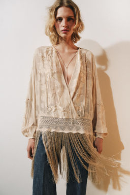 BLUSA BORDADOS FLECOS ZW COLLECTION / Crudo / Beige - Zara фото 2