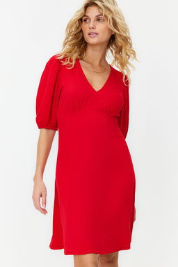 K?rm?z? Etegi Volanl? Balon Kollu Mini Dokuma Elbise TWOSS24EL00062 - Trendyolmilla фото 2