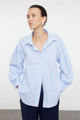 Mavi Cizgili Oversize/Genis Kal?p Dokuma Gomlek TWOSS23GO00144