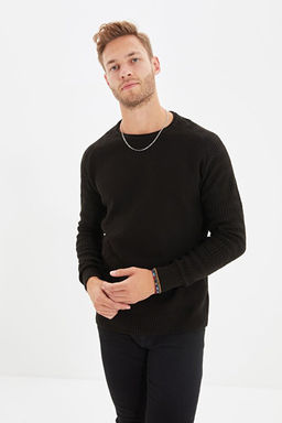Siyah Slim Fit Dar Kesim Bisiklet Yaka Kol Dokulu Desenli Reglan Kol Triko Kazak TMNAW22KZ0380 - Trendyolmilla фото 2