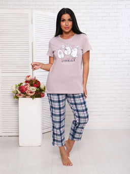 Костюм с брюками, принт, розово-бежевый (935-1)