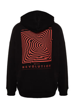 TRENDYOL MAN Siyah Oversize/Genis Kesim Kapusonlu Labirent Bask? Polar Pamuk Sweatshirt TMNAW24SW00201 - Trendyolmilla фото 15