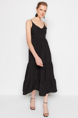 Siyah Etegi Volanl? S?rt Baglama Detayl? Ask?l? Maxi Dokuma Elbise TWOSS23EL00027