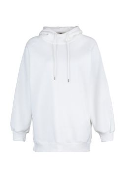 Ekru Kapusonlu Oversize Sardonlu Orme Sweatshirt