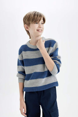 Трикотажный свитер в полоску с круглым вырезом для мальчика - Defacto фото 3