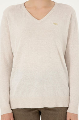 Женский кремовый меланжевый базовый свитер с v-образным вырезом Неожиданная скидка в корзине - U.s. polo assn фото 6