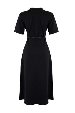 Siyah A-Kesim/Can Form Dik Yaka K?sa Kollu Kemerli Midi Interlok Orme Elbise TWOSS26EL00109 - Trendyolmilla фото 6