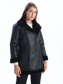 Kad?n Biker Yaka D?z Deri G?r?n?ml? Mont