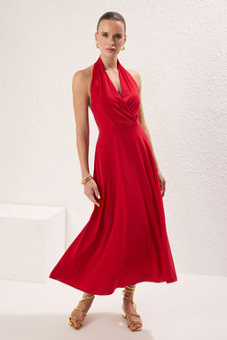 TRENDYOLMILLA Siyah Puantiyeli Buzgu / Drape Maxi Esnek Orme Elbise TWOSS25EL00367