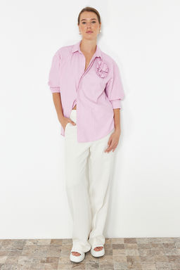 TRENDYOLMILLA Limited Edition Pembe Cizgili Gul Detayl? Dokuma Gomlek TWOSS24GO00114  фото 2