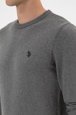 Erkek Slim Fit Bisiklet Yaka Gri Melanj Basic Kazak
