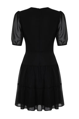 Siyah Belden Ac?lan Volanl? Sifon Astarl? Mini Dokuma Elbise TWOSS24EL00634