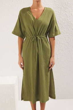 Trendyolmilla Haki Midi Dokuma Buzgu Detayl? Muslin Plaj Elbisesi TBESS25EL00008  фото 4