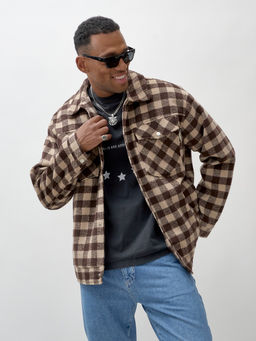 Куртка рубашка шерстяная в клетку мужская демисезонная коричневого цвета 58566K