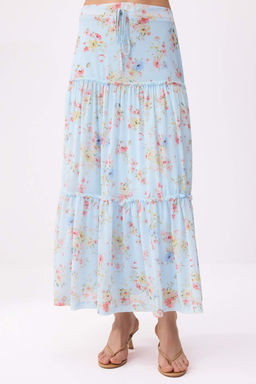 Ac?k Mavi Tul Cicek Bask?l? Buzgu/Drape Detayl? Esnek Etek TWOSS25ET00064