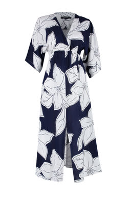 Lacivert Cicek Desenli A Kesim Kruvaze Yaka Midi Dokuma Elbise TWOSS24EL00913