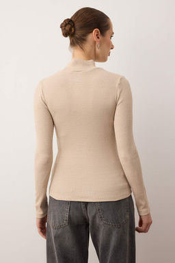 Bej Fitted/Vucuda Oturan Dik Yaka Uzun Kol Fitilli Esnek Orme Bluz TWOAW21BZ0423