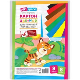 Цветной картон ArtSpace двухсторонний А4 8л. 8цв. (264192) мелованный, в папке
