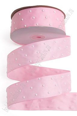 Лента репсовая с жемчужными полубусинами 3,8 см*20 ярд (SF-7027) розовый №4