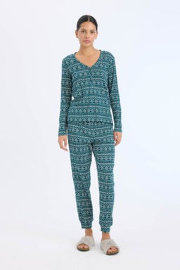 Fall in Love Y?lbas? Temal? Pijama Tak?m? Waffle Kumas Uzun Kollu Pijama Ustu Esnek Belli Uzun Pijama Alt?