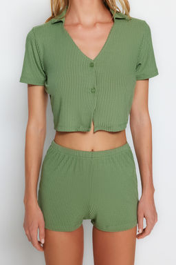 Trendyolmilla Lila Fitilli Crop Sortlu Orme Pijama Tak?m? THMSS22PT0308