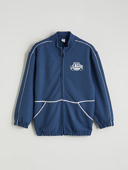 Dik Yaka Bask?l? Erkek ?ocuk Fermuarl? Sweatshirt