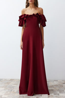 Bordo A-Kesim Volanl? Dokuma Uzun S?k Abiye Elbise TPRSS24AE00054
