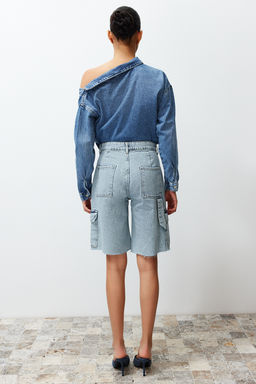 Ac?k Mavi Kargo Cep Yuksek Bel Denim Bermuda TWOSS24SR00091