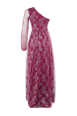 TRENDYOLMILLA Bordo-Cok Renkli A-Kesim Tek Omuz Dokuma Tul Uzun S?k Abiye Elbise TPRSS24AE00249