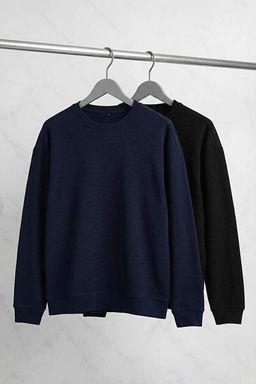 Siyah- Lacivert Yeni Oversize/Geni_ Kal_p 2li Paket Dokulu Waffle Sweatshirt TMNAW26SW00028