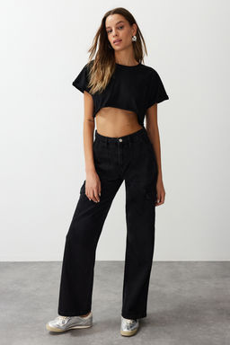 Siyah Kargo Cepli Yuksek Bel Wide Leg Jeans TWOAW22JE0393