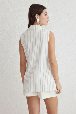 Trendyolmilla Beyaz Oversize Ceket Yaka Uzun Cizgili Dokuma Yelek TWOSS25YE00027  фото 5