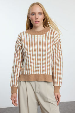 TRENDYOLMILLA Camel Basic Cizgili Triko Kazak TWOAW25KZ00254
