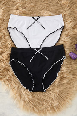 TRENDYOLMILLA Siyah-Beyaz 2li Paket Seamless/Dikissiz Kurdele/Fiyonklu Klasik Orme Kulot THMSS25KU00016