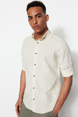 Ta_ D__meli Yaka Apoletli Slim Fit Uzun Kollu %100 Pamuklu Keten G_r_n_ml_ G_mlek TMNSS20GO0189