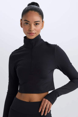 DeFactoFit Slim Fit Dar Kesim Dik Yaka Fermuarl? Crop Uzun Kollu Tisort  фото 7
