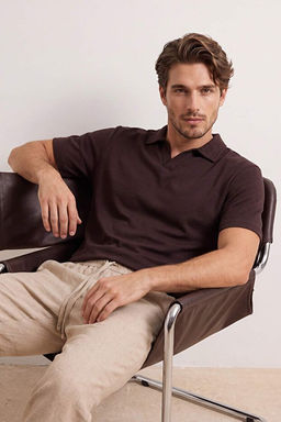 Kahverengi Regular/Normal Kesim Yumu_ak Dokulu _nterlok Polo Yaka T-shirt TMNSS26PO00034