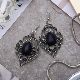 Серьги ассорти Капля изящность, ажурная, цвет чёрный в чернёном серебре