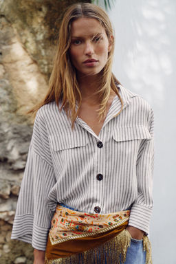 CAMISA RAYAS CON LINO / marron/blanco